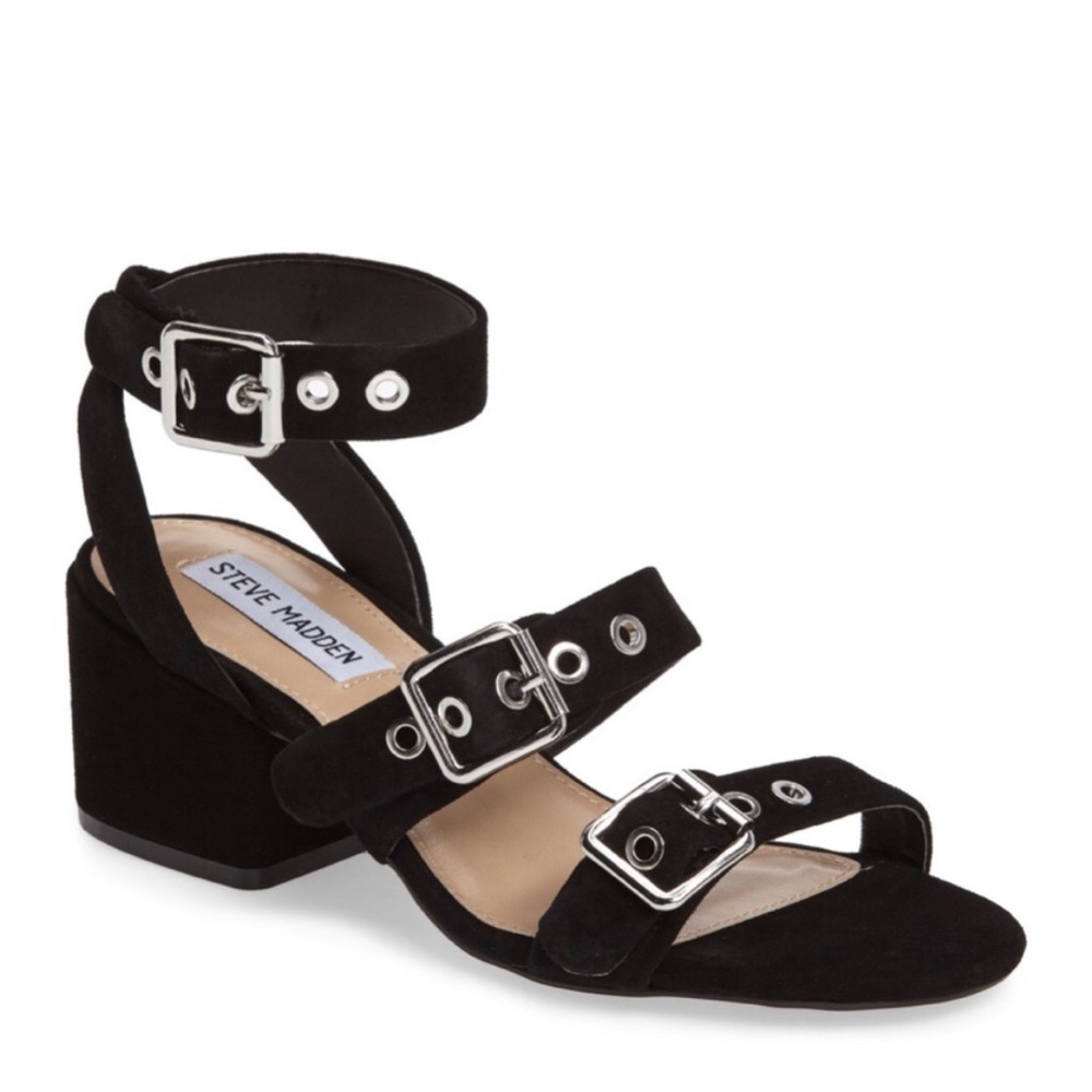Steve madden black rotating buckle block heel suede strappy sandal